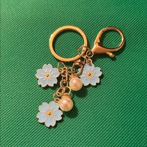 Gold and Blue Floral Keychain with Pearls